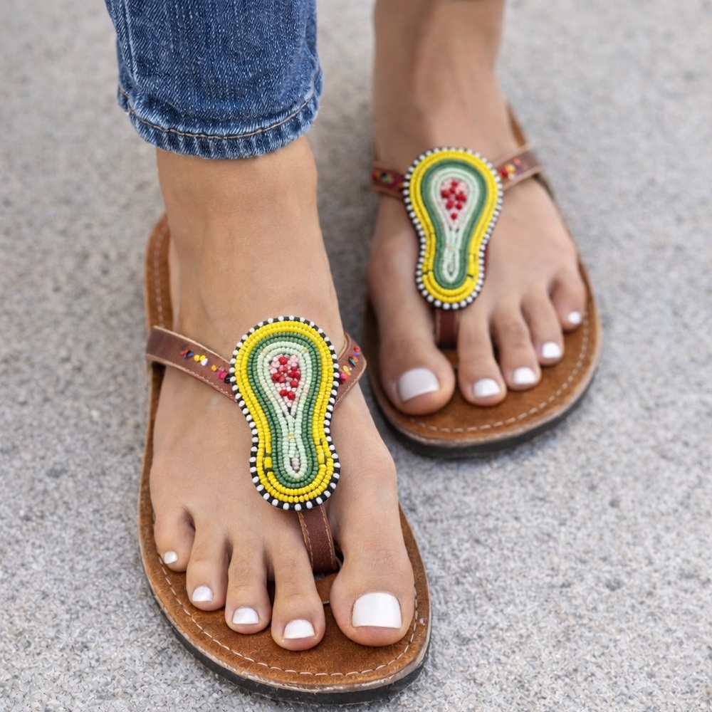 Handcrafted Brown Sandals with Beaded Avocado Design - Size 40 (US 8.5)
